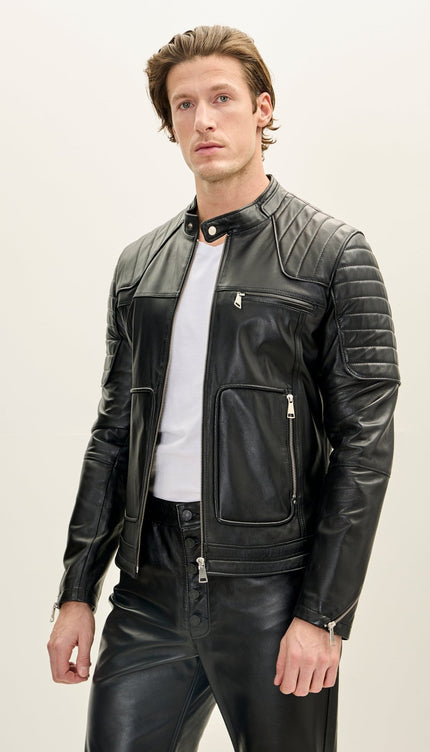 Men's Piping Details Leather Biker Jacket - Black - Ron Tomson