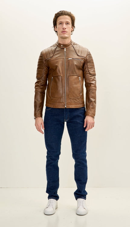 Men's Piping Details Leather Biker Jacket - Brown - Ron Tomson