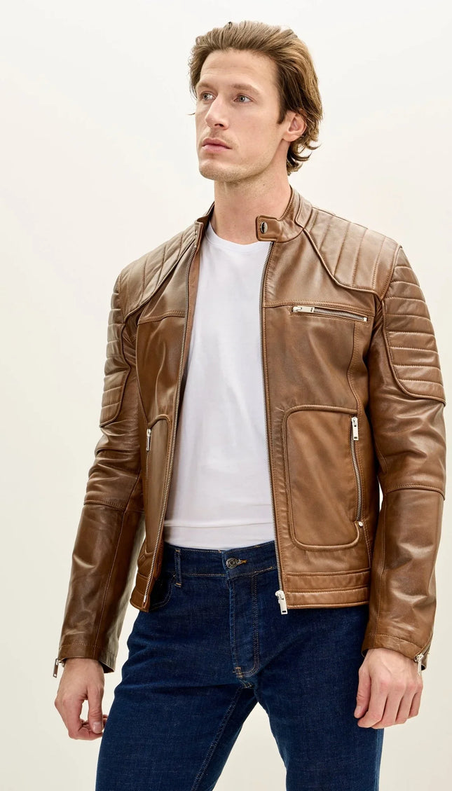Men's Piping Details Leather Biker Jacket - Brown - Ron Tomson