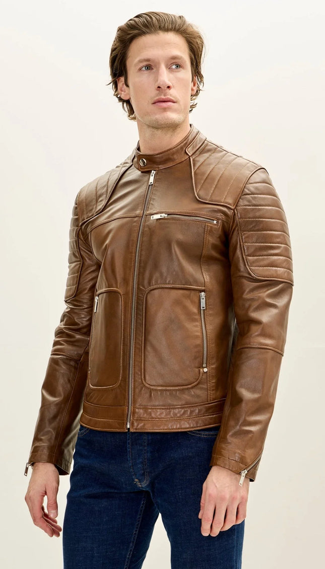 Men's Piping Details Leather Biker Jacket - Brown - Ron Tomson
