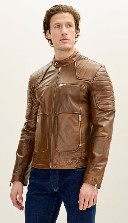 Men's Piping Details Leather Biker Jacket - Brown - Ron Tomson