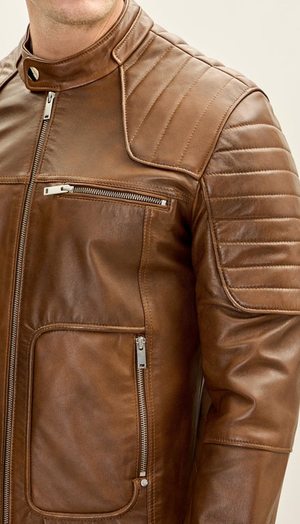 Men's Piping Details Leather Biker Jacket - Brown - Ron Tomson