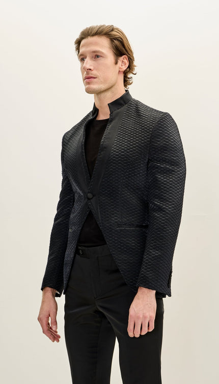 Men's Pleated Satin Mandarin Collar Tuxedo Jacket - Black - Ron Tomson