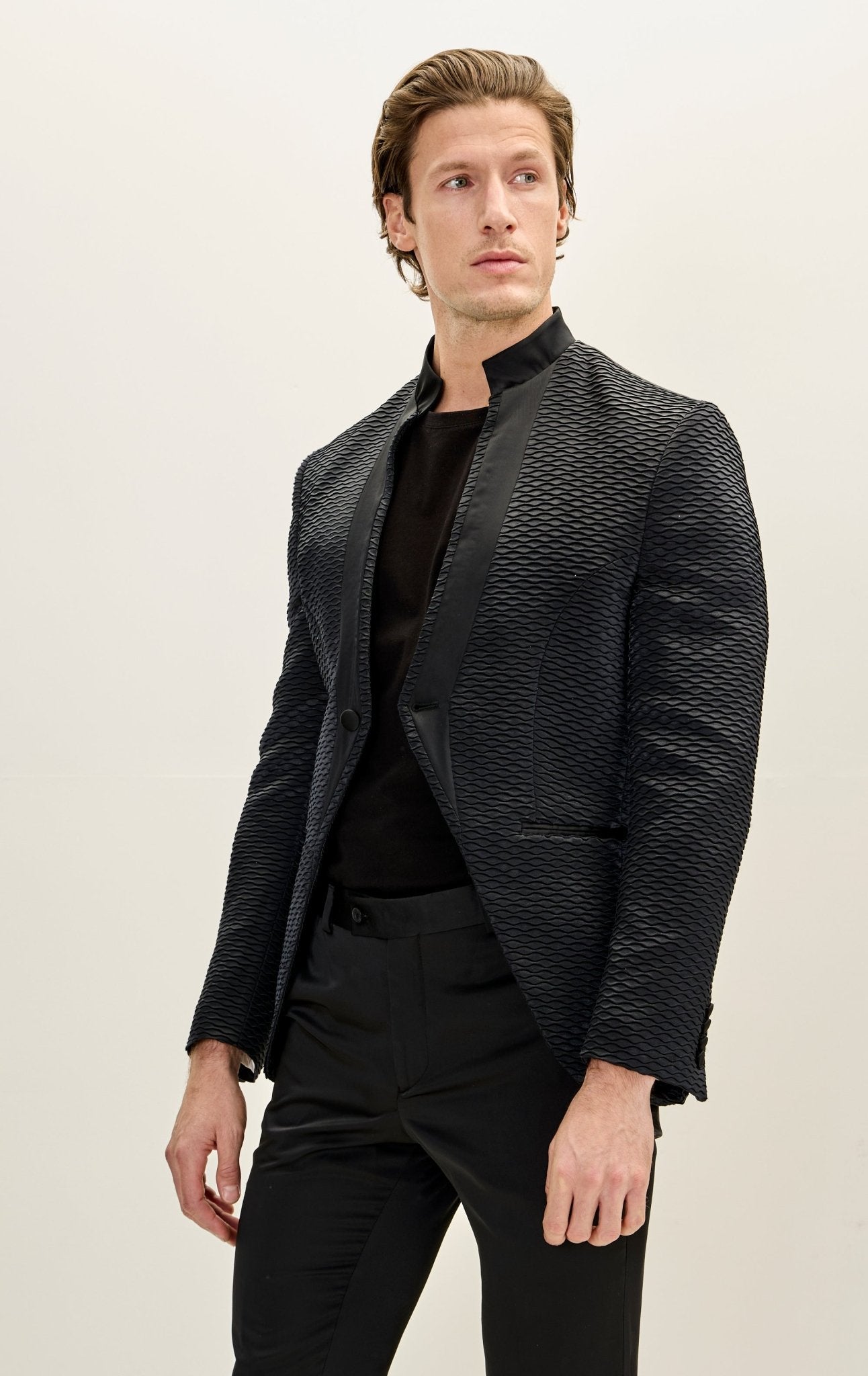 Stand Collar Without Collar Blazer Pleated Satin Mandarin Collar