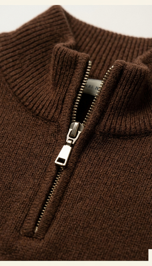 Men's Quarter Zip Sweater - Brown - Detail - Ron Tomson