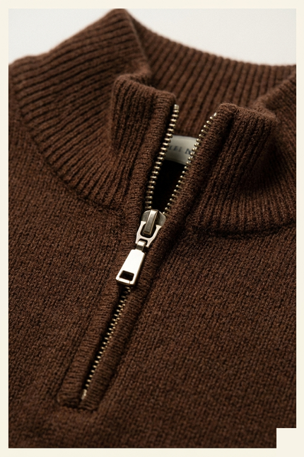Men's Quarter Zip Sweater - Brown - Detail - Ron Tomson