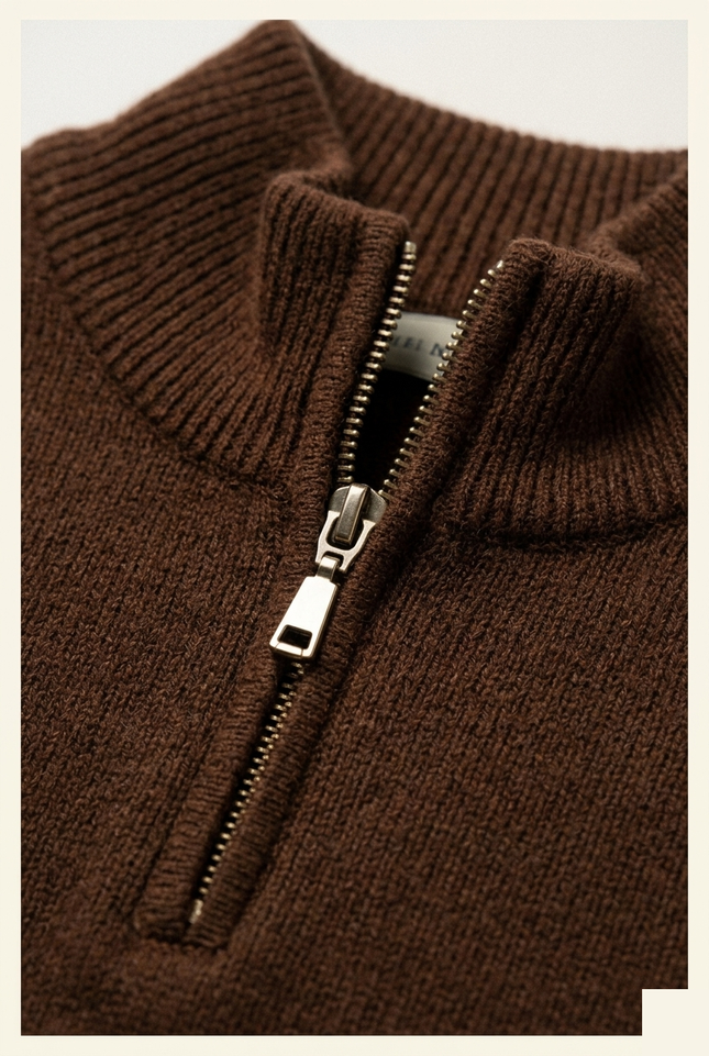 Men's Quarter Zip Sweater - Brown - Detail - Ron Tomson