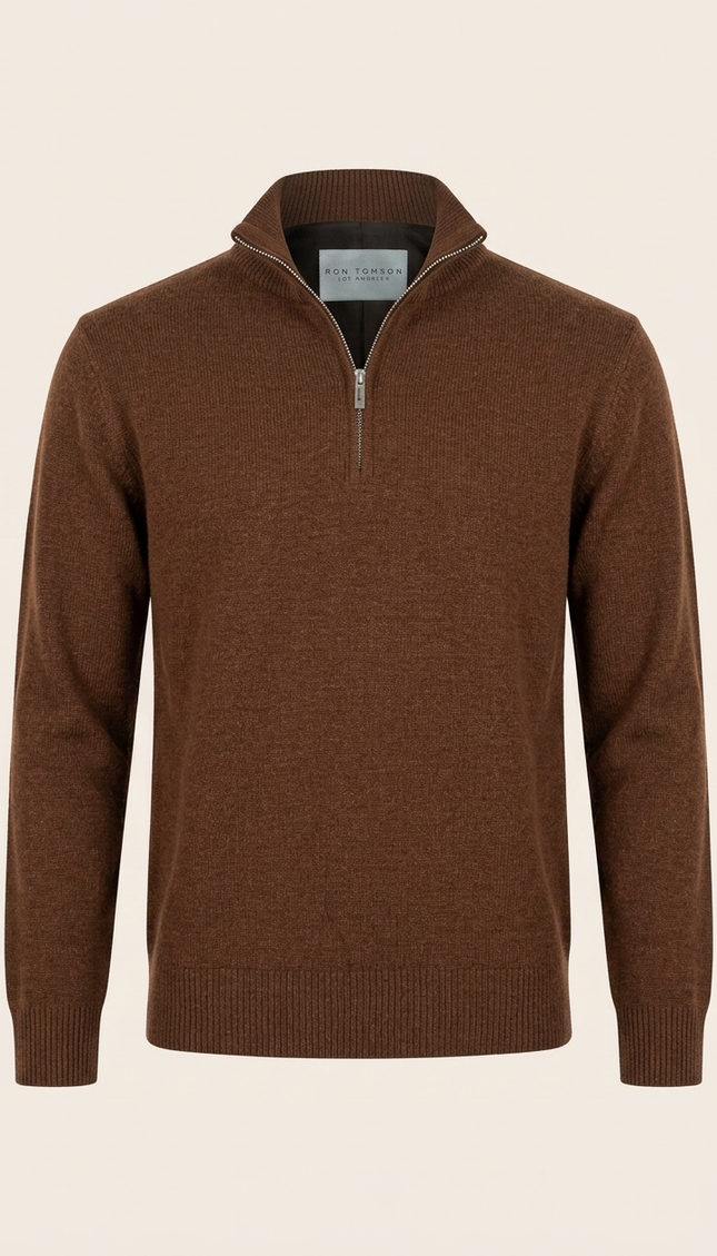 Men's Quarter Zip Sweater - Brown - Ron Tomson