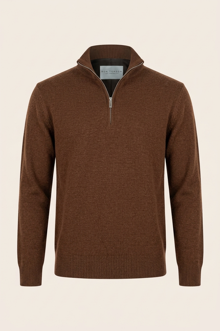 Men's Quarter Zip Sweater - Brown - Ron Tomson