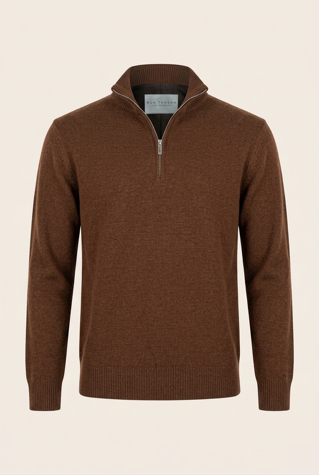 Men's Quarter Zip Sweater - Brown - Ron Tomson