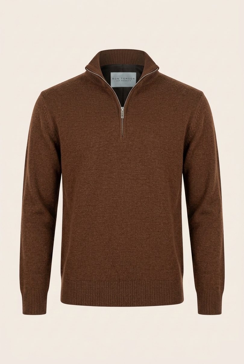 Men's Quarter Zip Sweater - Brown - Ron Tomson