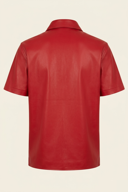 Men's Short Sleeve Leather Shirt - Red - Back - Ron Tomson