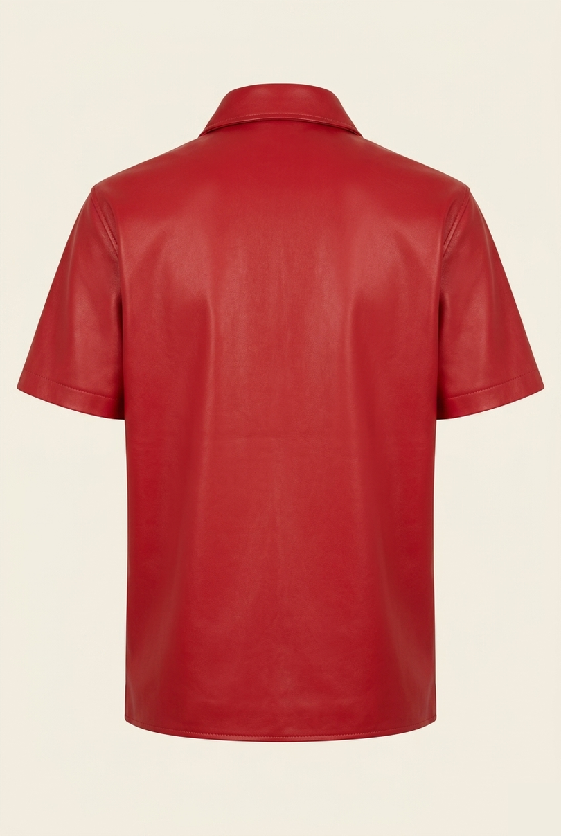 Men's Short Sleeve Leather Shirt - Red - Back - Ron Tomson