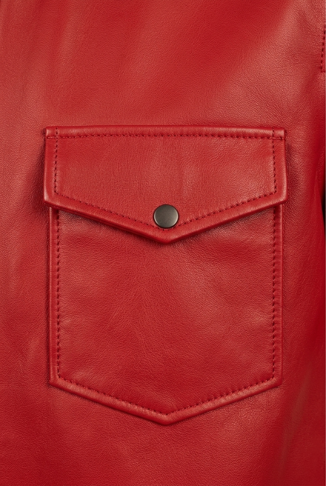 Men's Short-Sleeve Nappa Lambskin Shirt - Red | Ron Tomson
