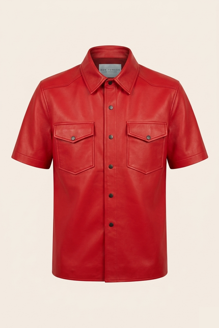 Men's Short Sleeve Leather Shirt - Red - Ron Tomson