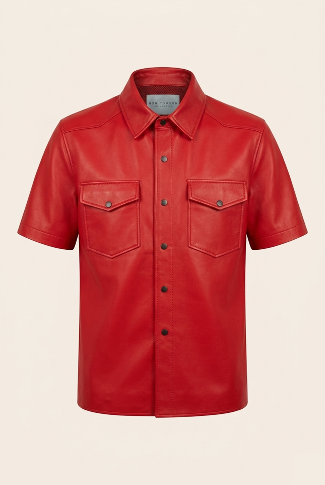 Men's Short Sleeve Leather Shirt - Red - Ron Tomson