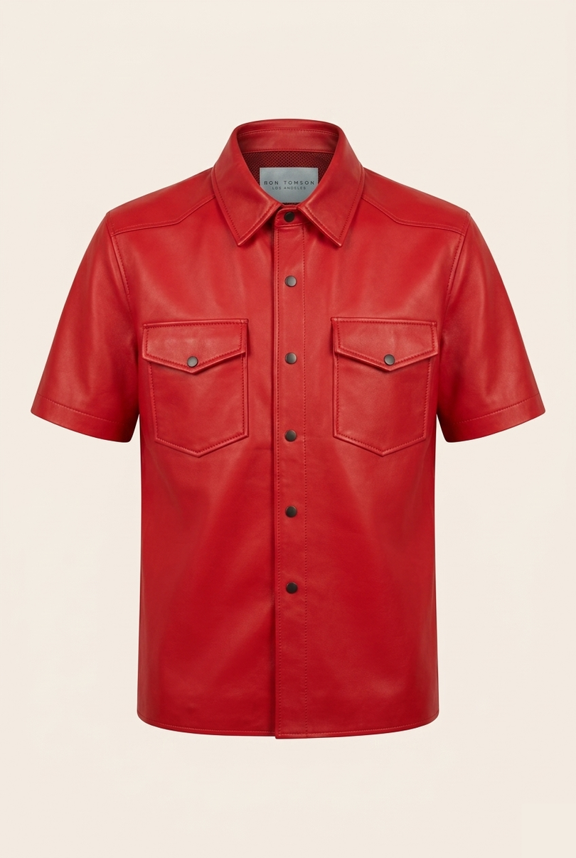 Men's Short Sleeve Leather Shirt - Red - Ron Tomson