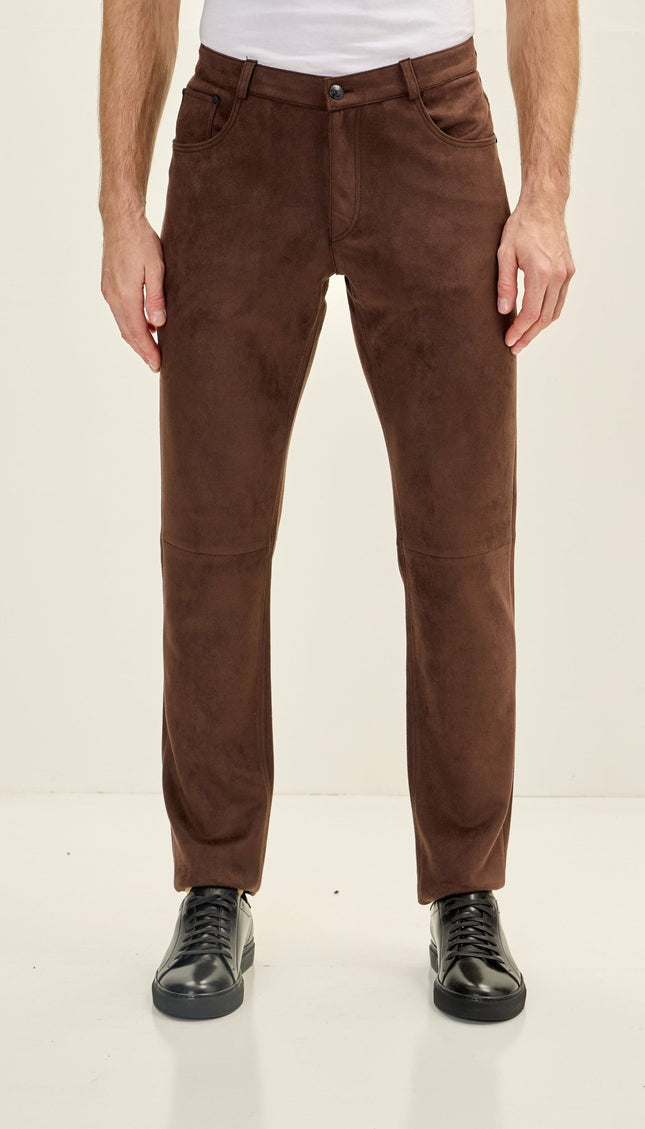 Men's Slim Tapered Microsuede Pants - Dark Brown - Ron Tomson