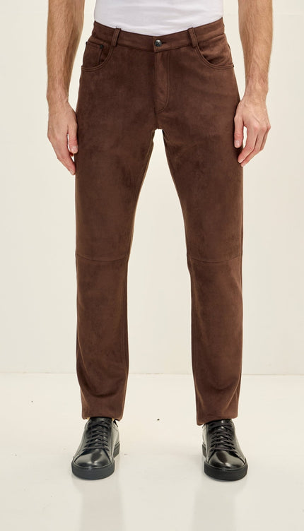 Men's Slim Tapered Microsuede Pants - Dark Brown - Ron Tomson