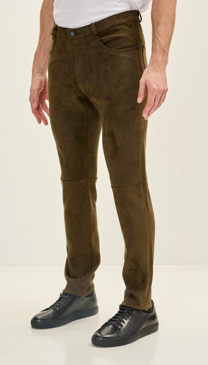 Men's Slim Tapered Microsuede Pants - Khaki - Ron Tomson