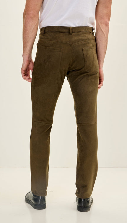 Men's Slim Tapered Microsuede Pants - Khaki - Ron Tomson