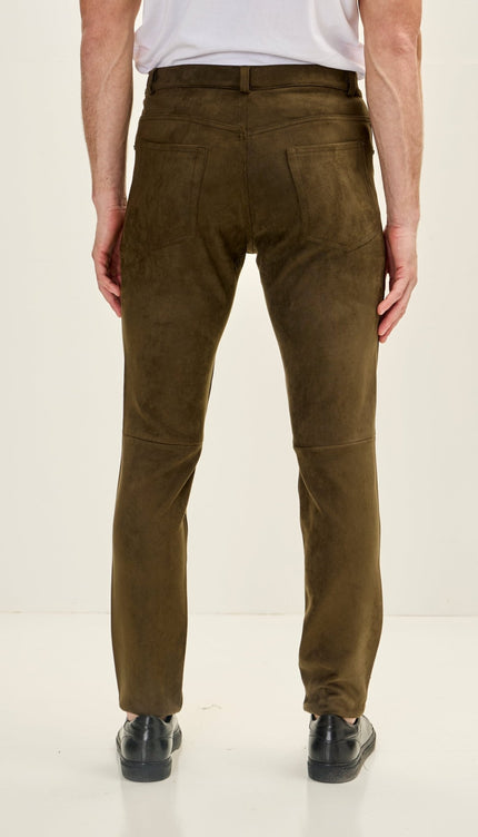 Men's Slim Tapered Microsuede Pants - Khaki - Ron Tomson