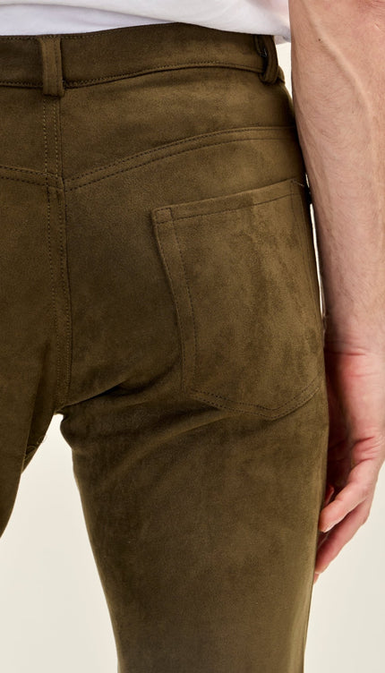 Men's Slim Tapered Microsuede Pants - Khaki - Ron Tomson