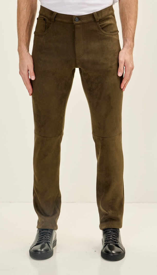 Men's Slim Tapered Microsuede Pants - Khaki - Ron Tomson