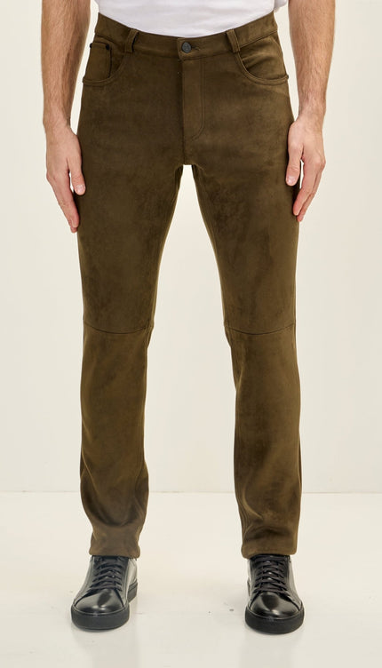 Men's Slim Tapered Microsuede Pants - Khaki - Ron Tomson