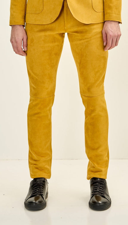 Men's Slim Tapered Microsuede Pants - Mustard - Ron Tomson