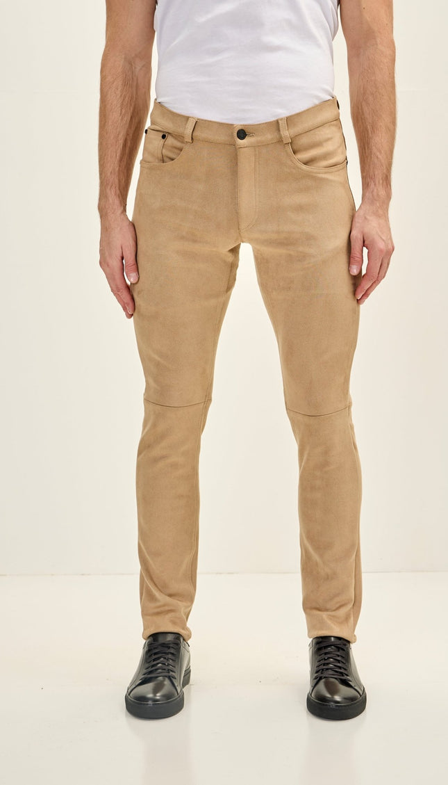 Men's Slim Tapered Microsuede Pants - Stone - Ron Tomson