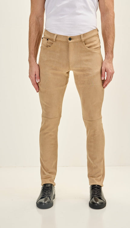 Men's Slim Tapered Microsuede Pants - Stone - Ron Tomson