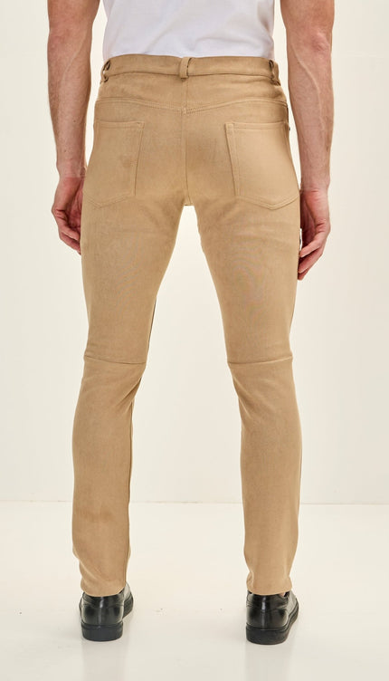 Men's Slim Tapered Microsuede Pants - Stone - Ron Tomson