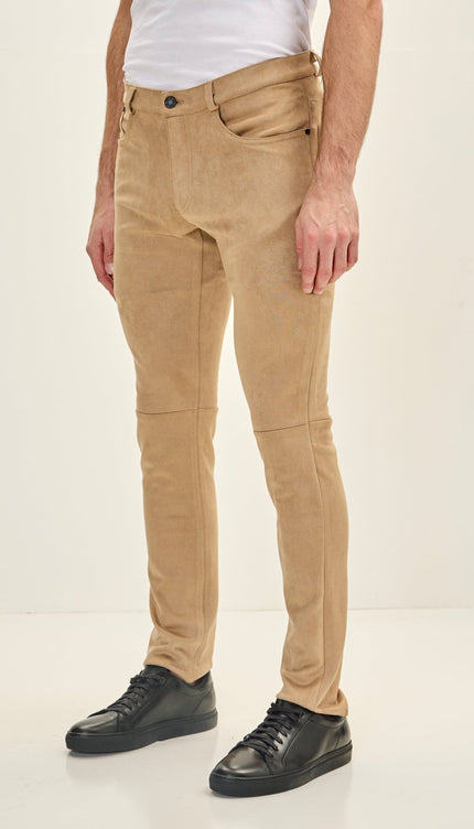 Men's Slim Tapered Microsuede Pants - Stone - Ron Tomson