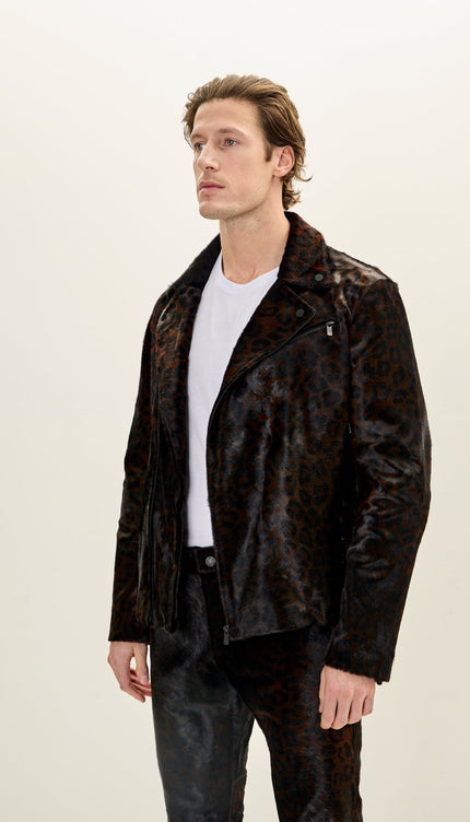 Men's Textured Genuine Calf Hair Moto Jacket - Black - Ron Tomson