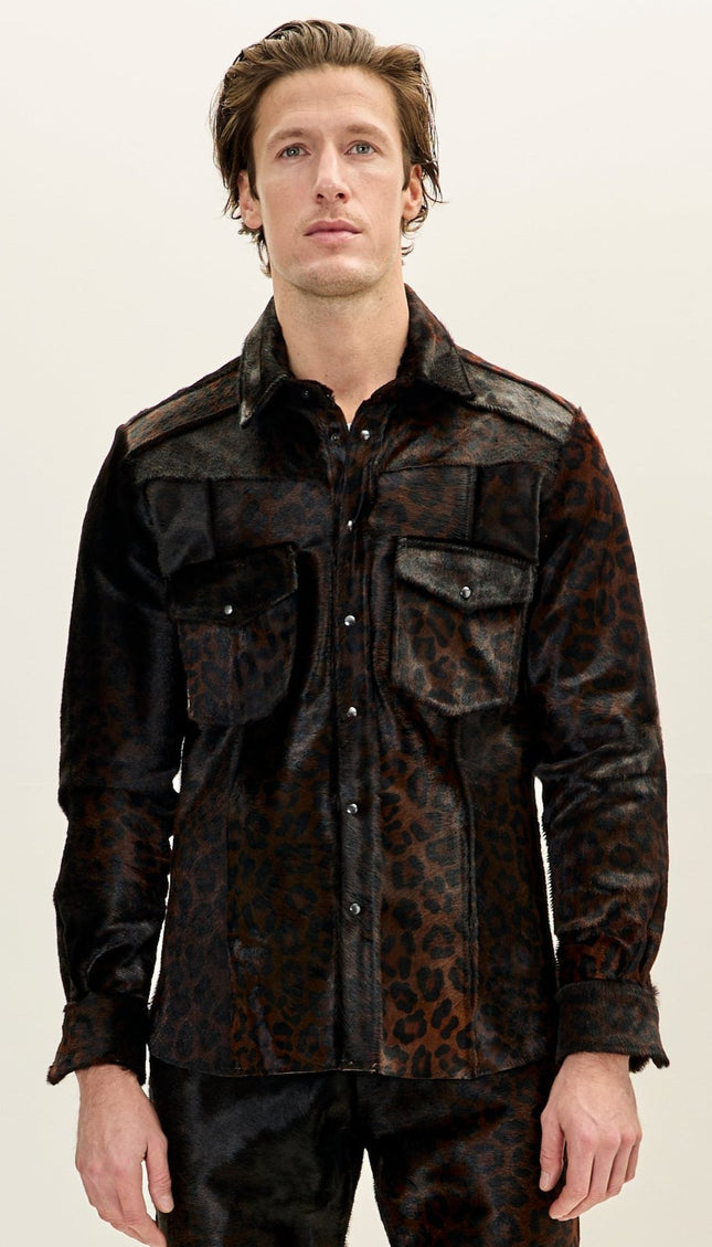 Men's Textured Genuine Calf Hair Shirt Jacket - Black - Ron Tomson