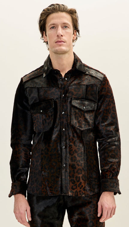 Men's Textured Genuine Calf Hair Shirt Jacket - Black - Ron Tomson