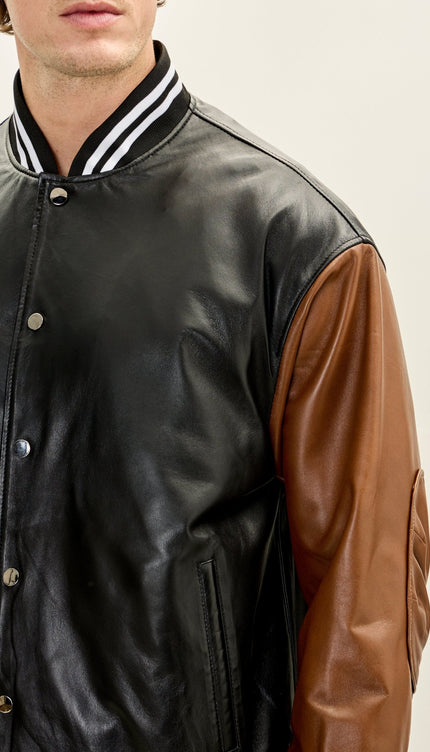 Men's Two Tone Varsity Leather Jacket - Black Brown - Ron Tomson