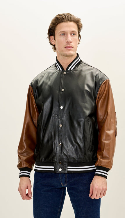 Men's Two Tone Varsity Leather Jacket - Black Brown - Ron Tomson