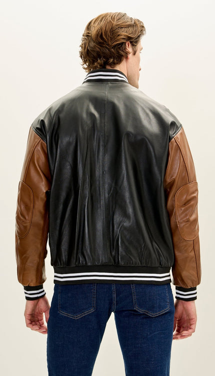 Men's Two Tone Varsity Leather Jacket - Black Brown - Ron Tomson