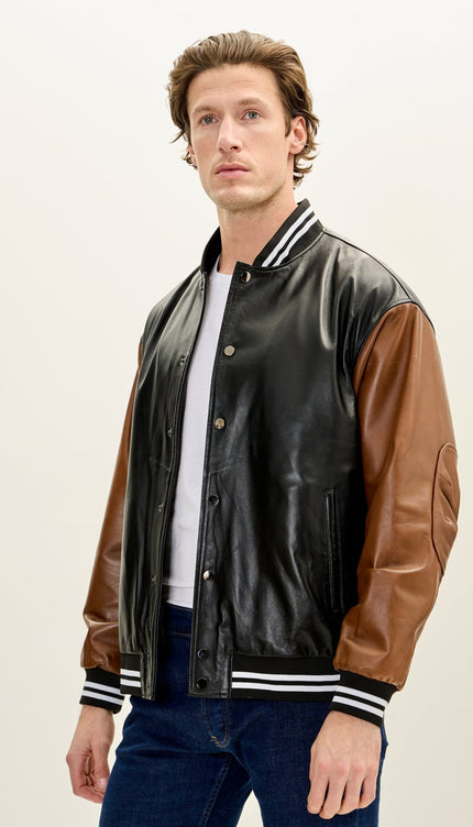 Men's Two Tone Varsity Leather Jacket - Black Brown - Ron Tomson