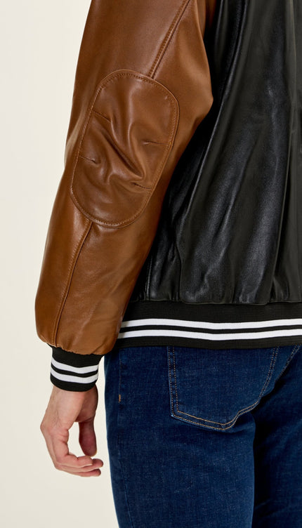 Men's Two Tone Varsity Leather Jacket - Black Brown - Ron Tomson