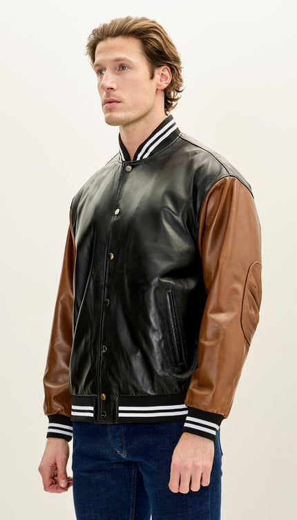 Men's Two Tone Varsity Leather Jacket - Black Brown - Ron Tomson