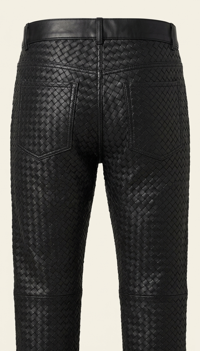 Men's Woven Leather Pants - Black - Back - Ron Tomson