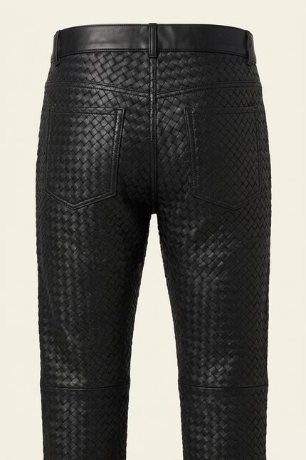 Men's Woven Leather Pants - Black - Back - Ron Tomson