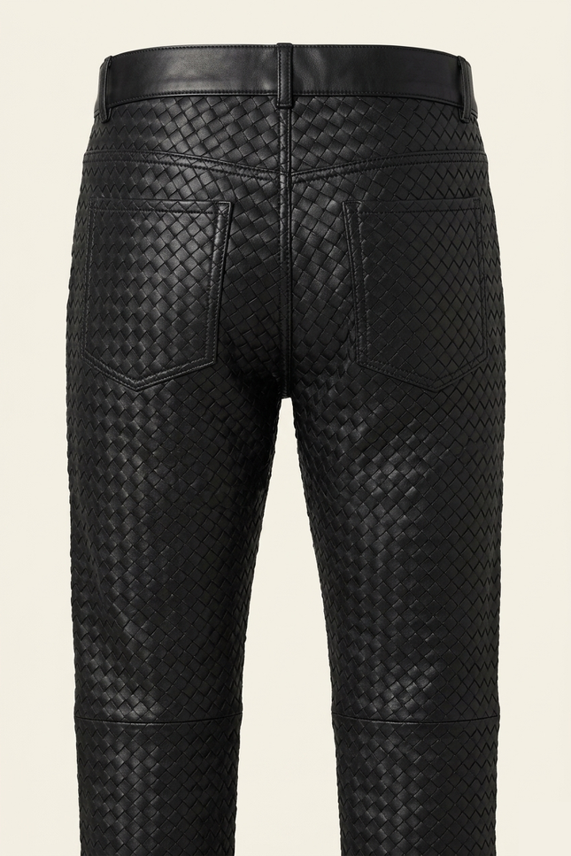 Men's Woven Leather Pants - Black - Back - Ron Tomson