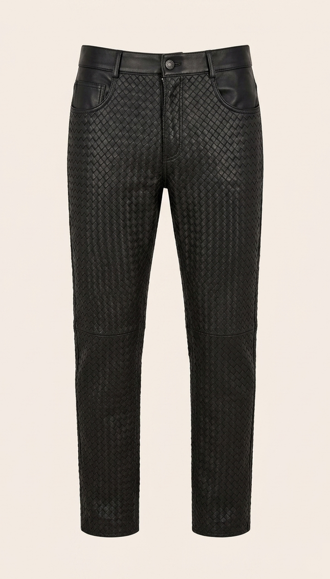 Men's Woven Leather Pants - Black - Ron Tomson