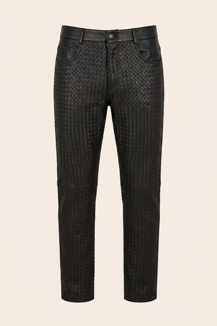 Men's Woven Leather Pants - Black - Ron Tomson