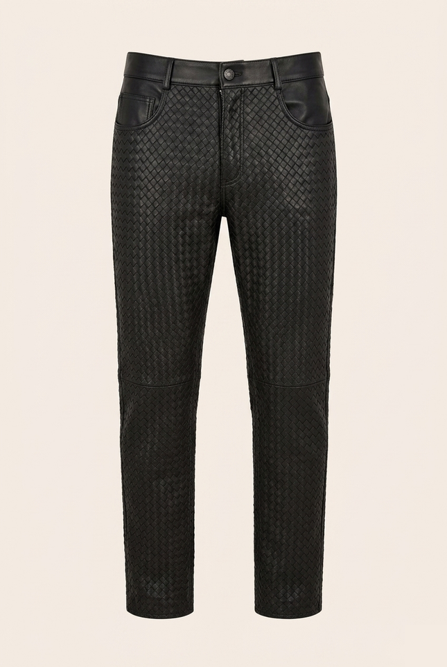 Men's Woven Leather Pants - Black - Ron Tomson