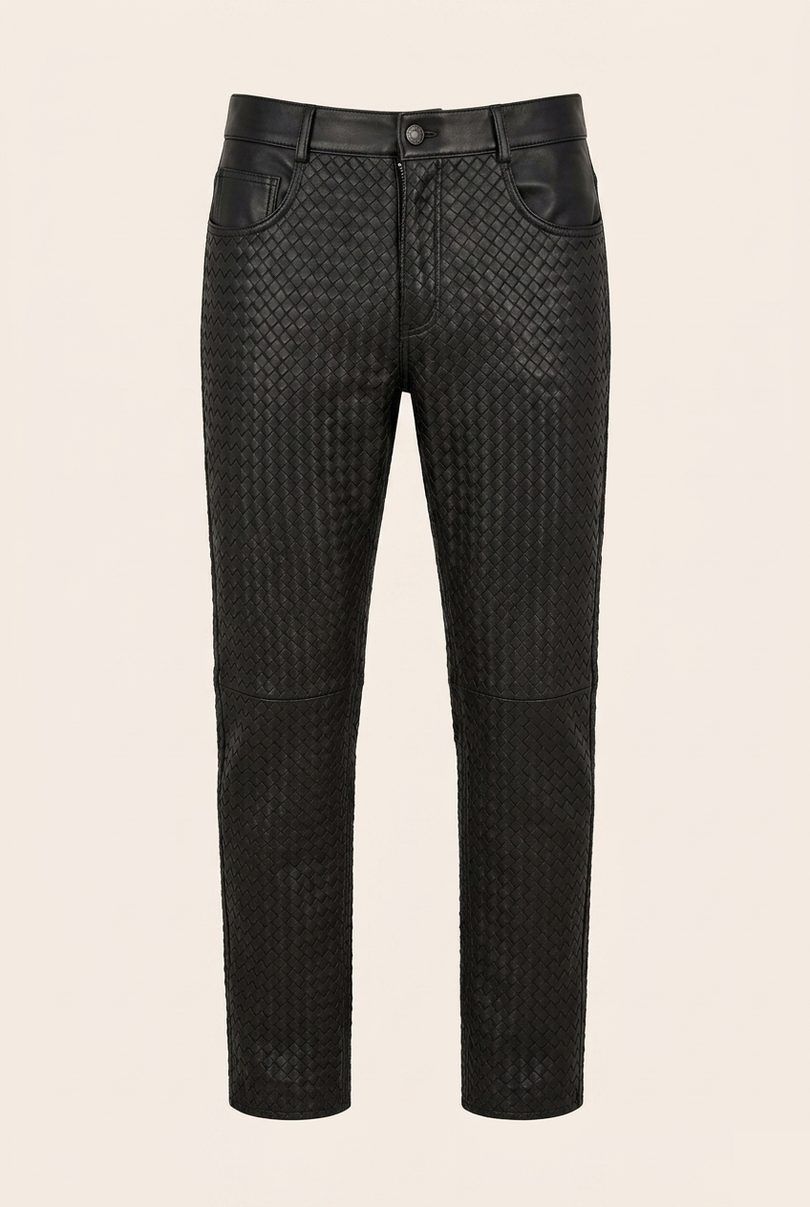 Men's Woven Leather Pants - Black - Ron Tomson